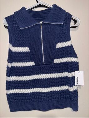 Sonoma Navy & White Striped Zip-Front Knit Sweater Vest